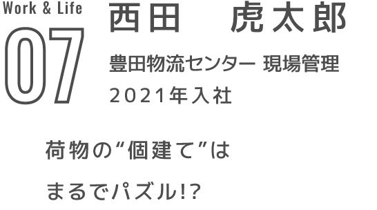 07 西田　虎太郎 豊田物流センター 現場管理 2021年入社 荷物の“個建て”はまるでパズル!?